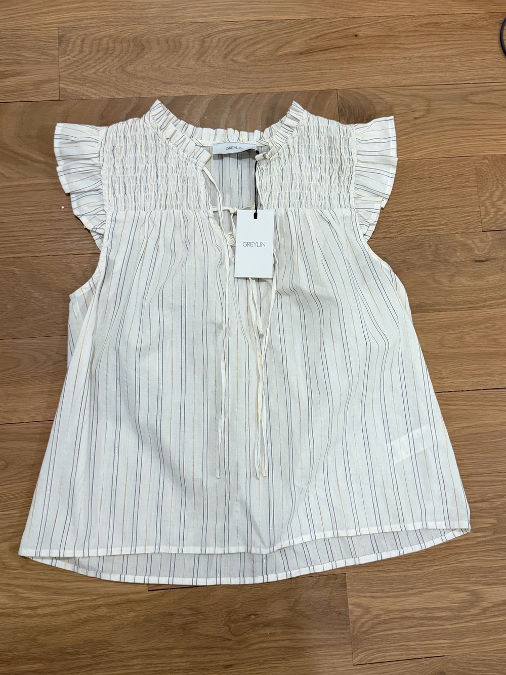 Greylin Cream White Pinstripe Smocked Flutter Sleeve Blouse